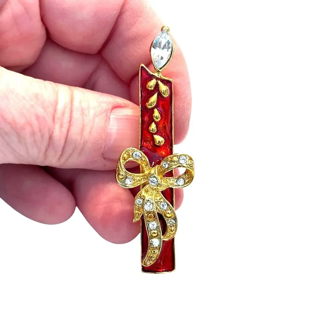 Christmas Brooch festive holiday candle gold & red enamel & clear rhinestones